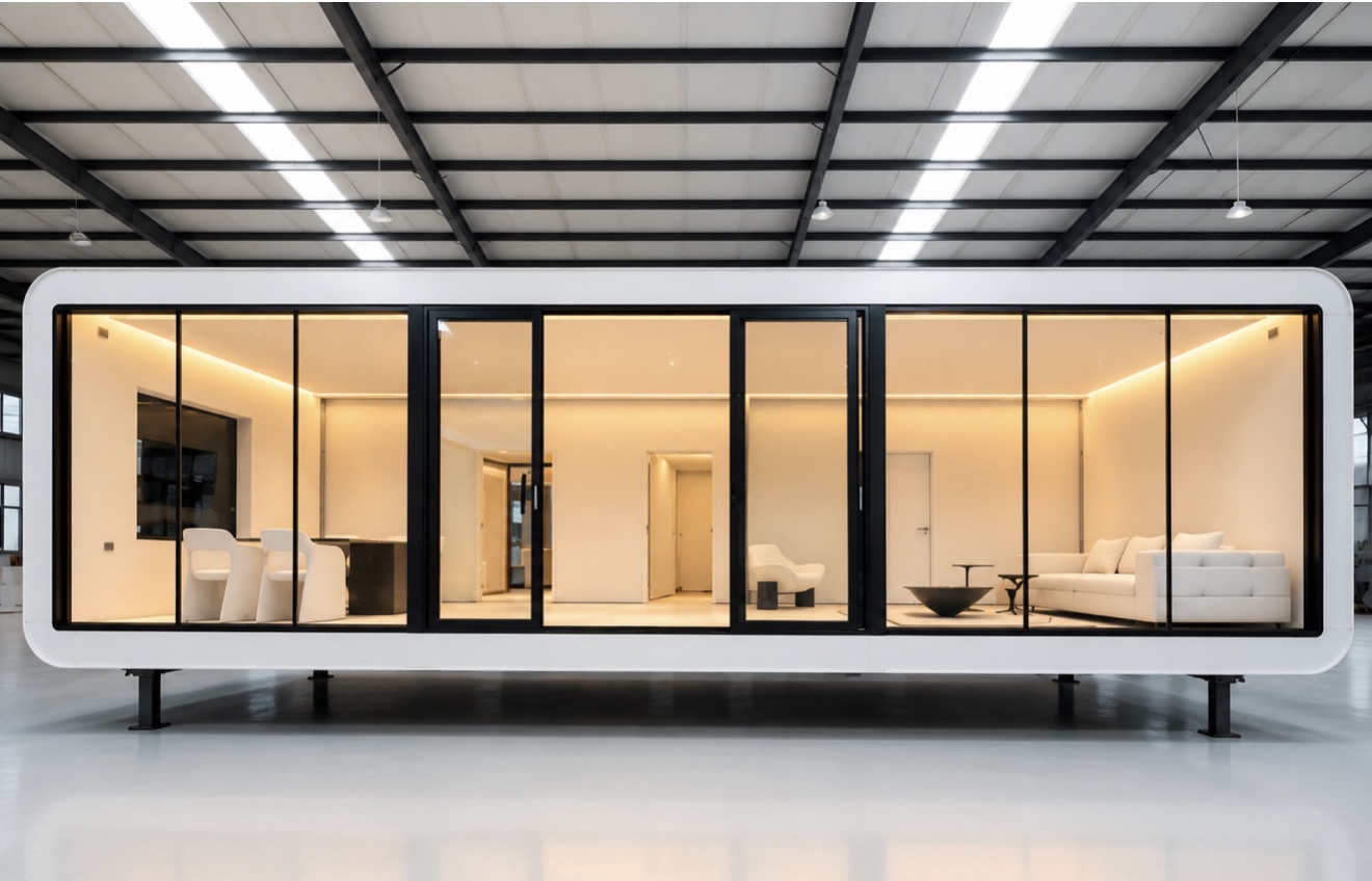 Casa modular KUVO amueblada en fábrica, con gran fachada acristalada