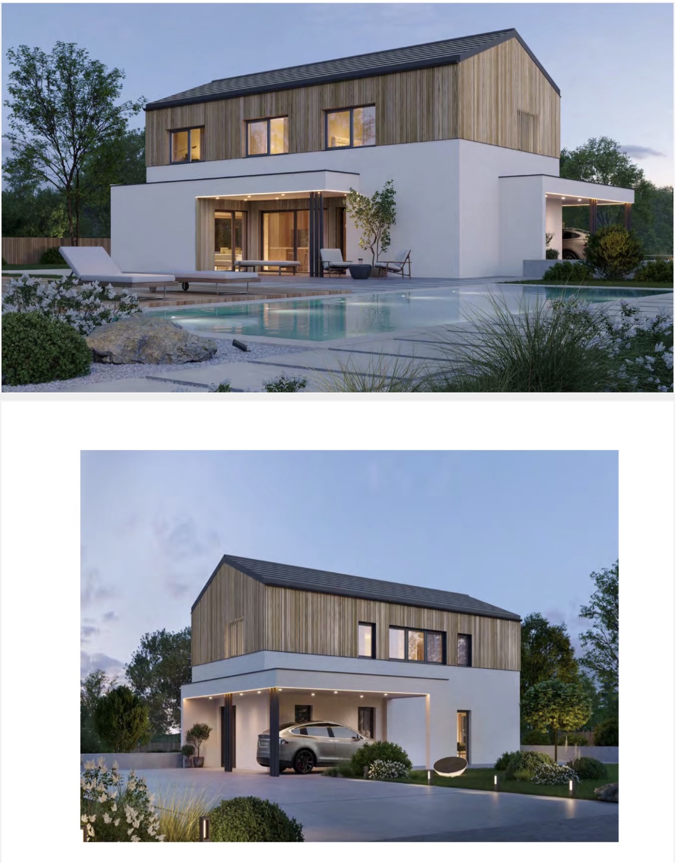 Villa de dos plantas con fachada blanca y madera junto a la piscina