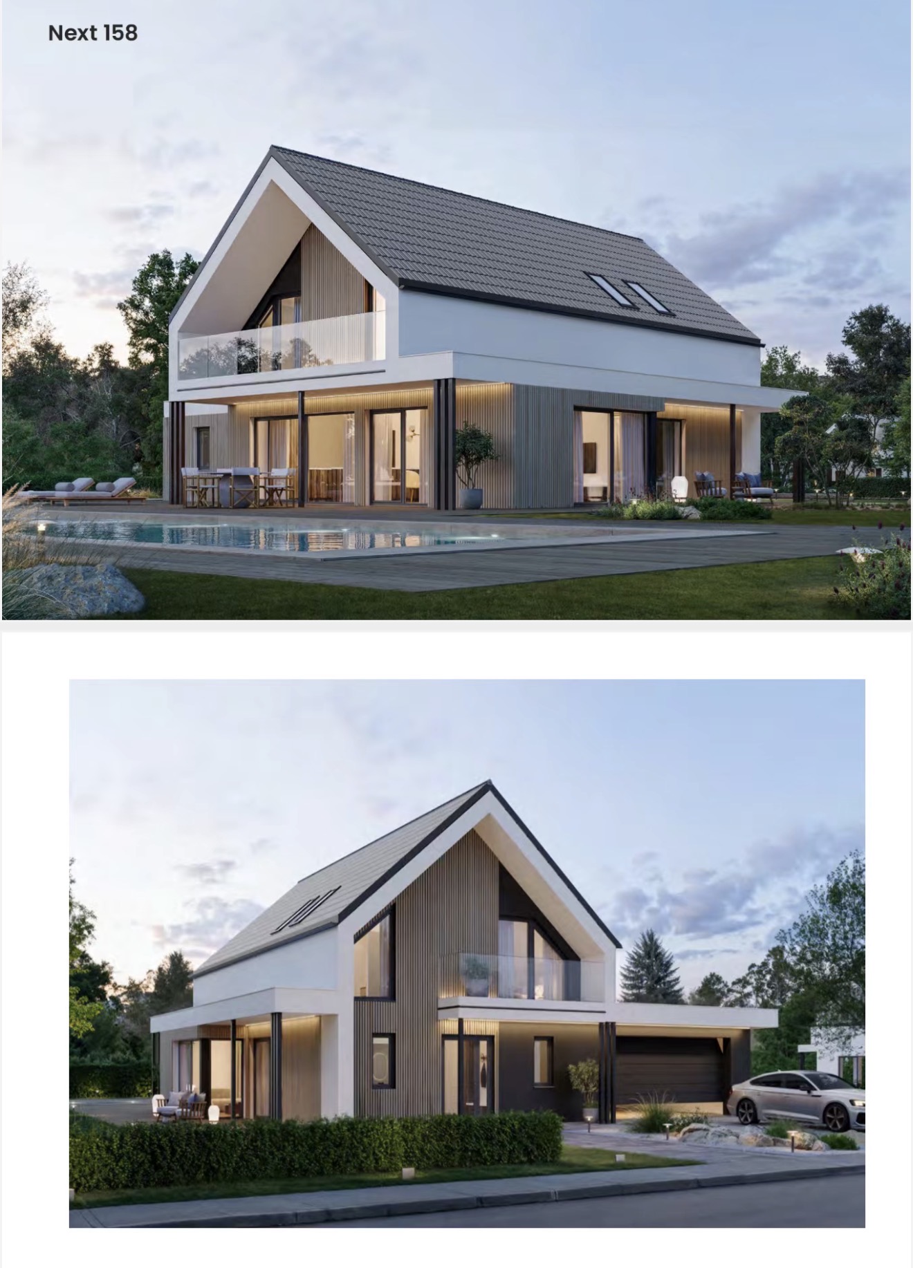 Villa con cubierta a dos aguas, balcón acristalado y piscina