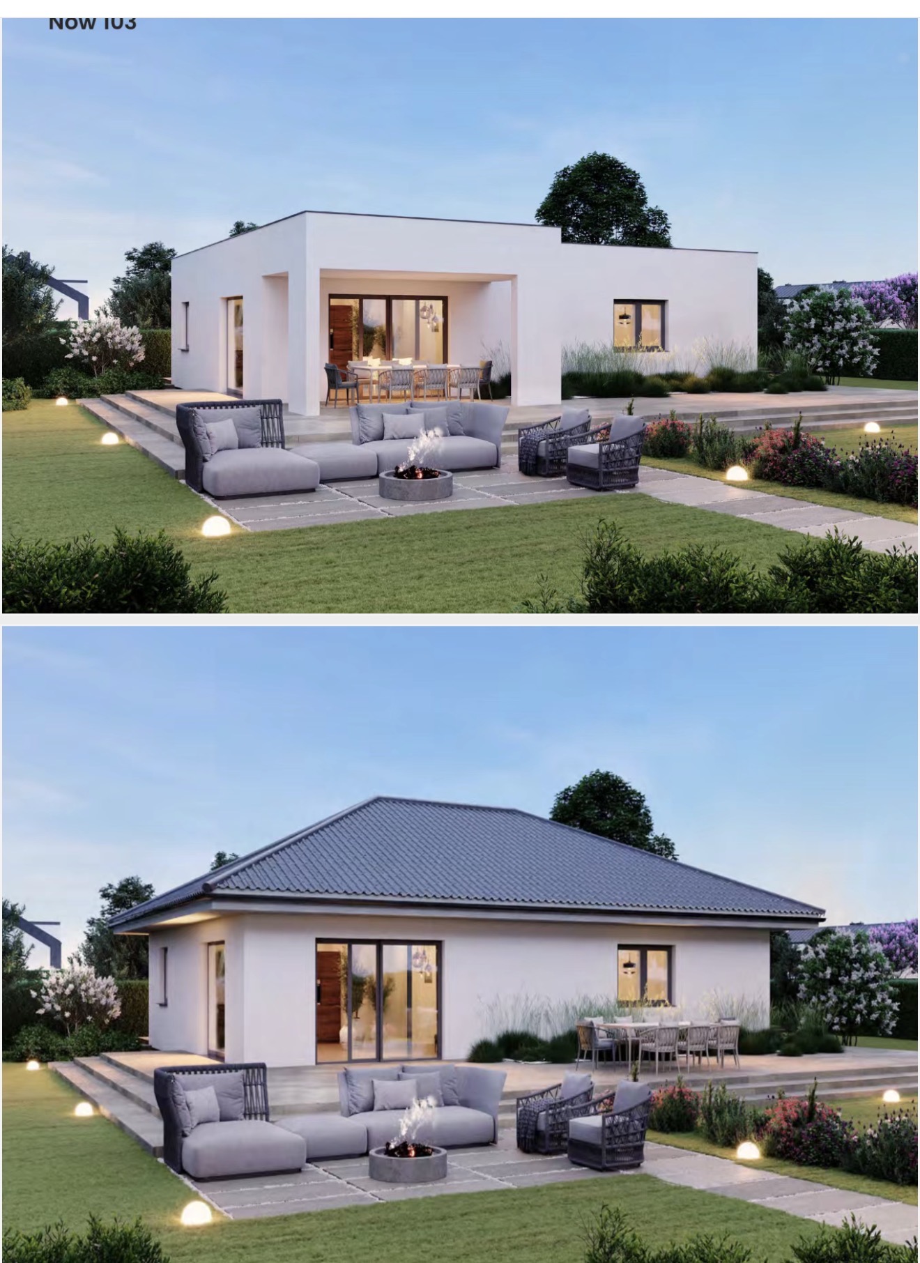 Villa de una planta con fachada blanca, porche y zona de estar exterior